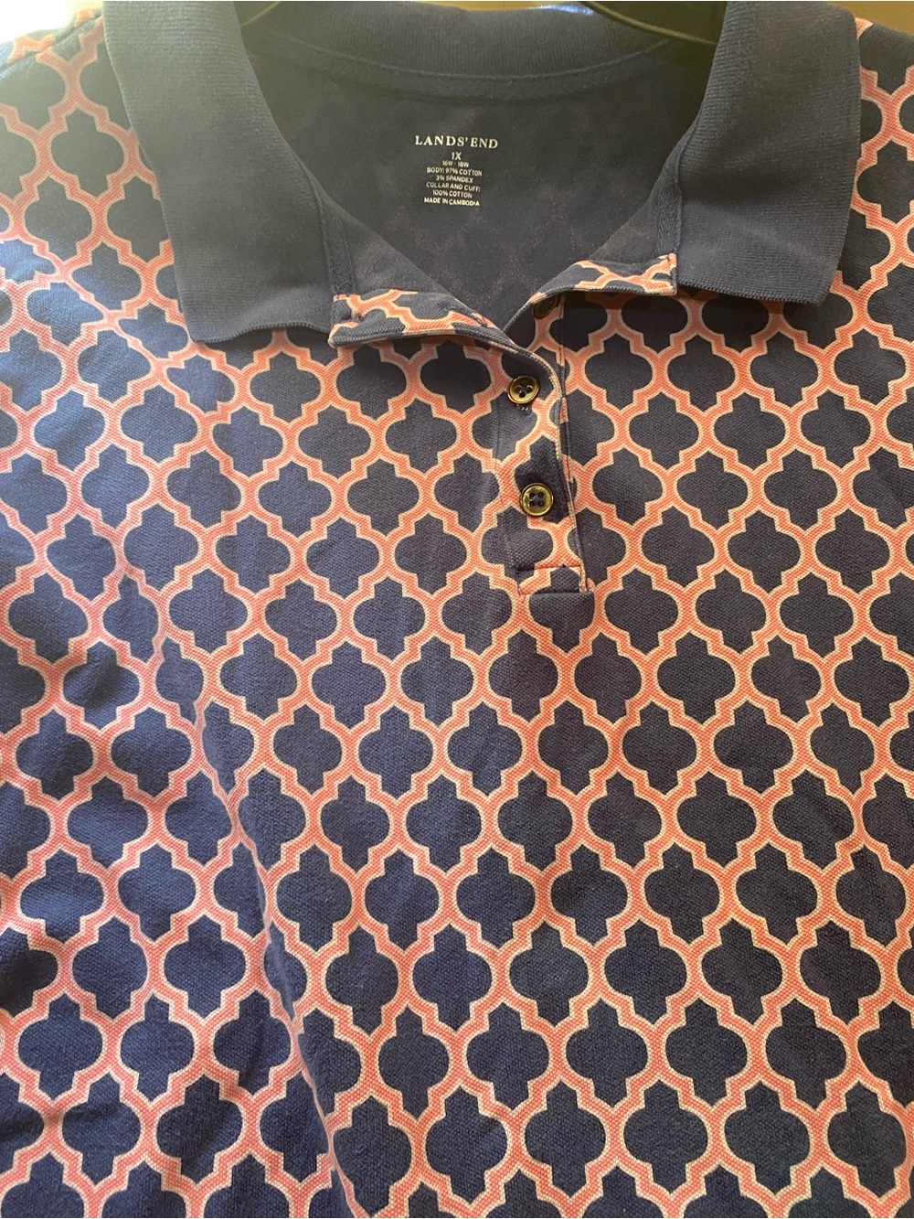 Lands' End Navy Polo with Pink Geometric Print